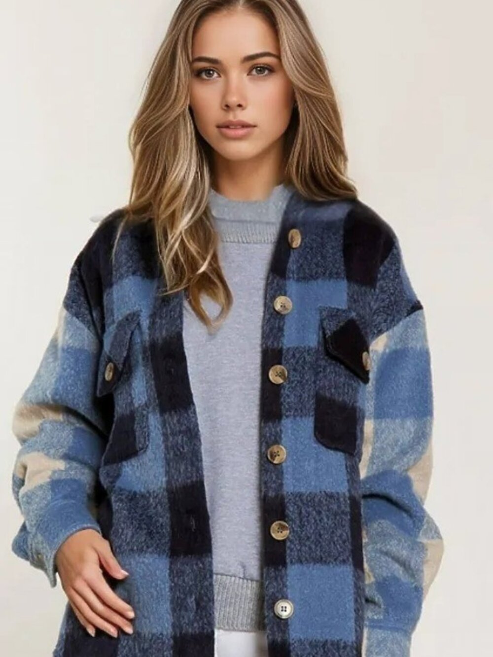 NWT Davi & Dani Plus 3XL Fuzzy Blue Plaid Oversized Shacket Jacket